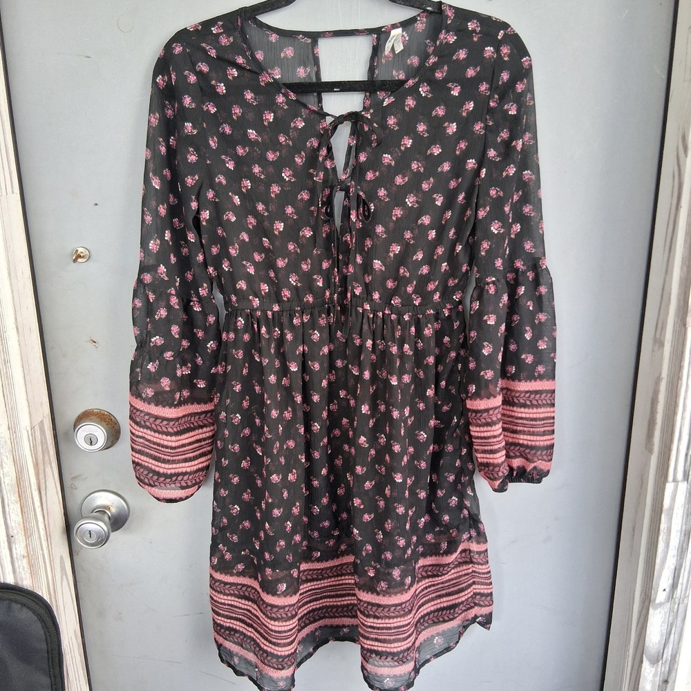 Vintage Y2K Mudd Babydoll Floral Paisley Boho Bell Sleeve Tie Front Mini Dress M
